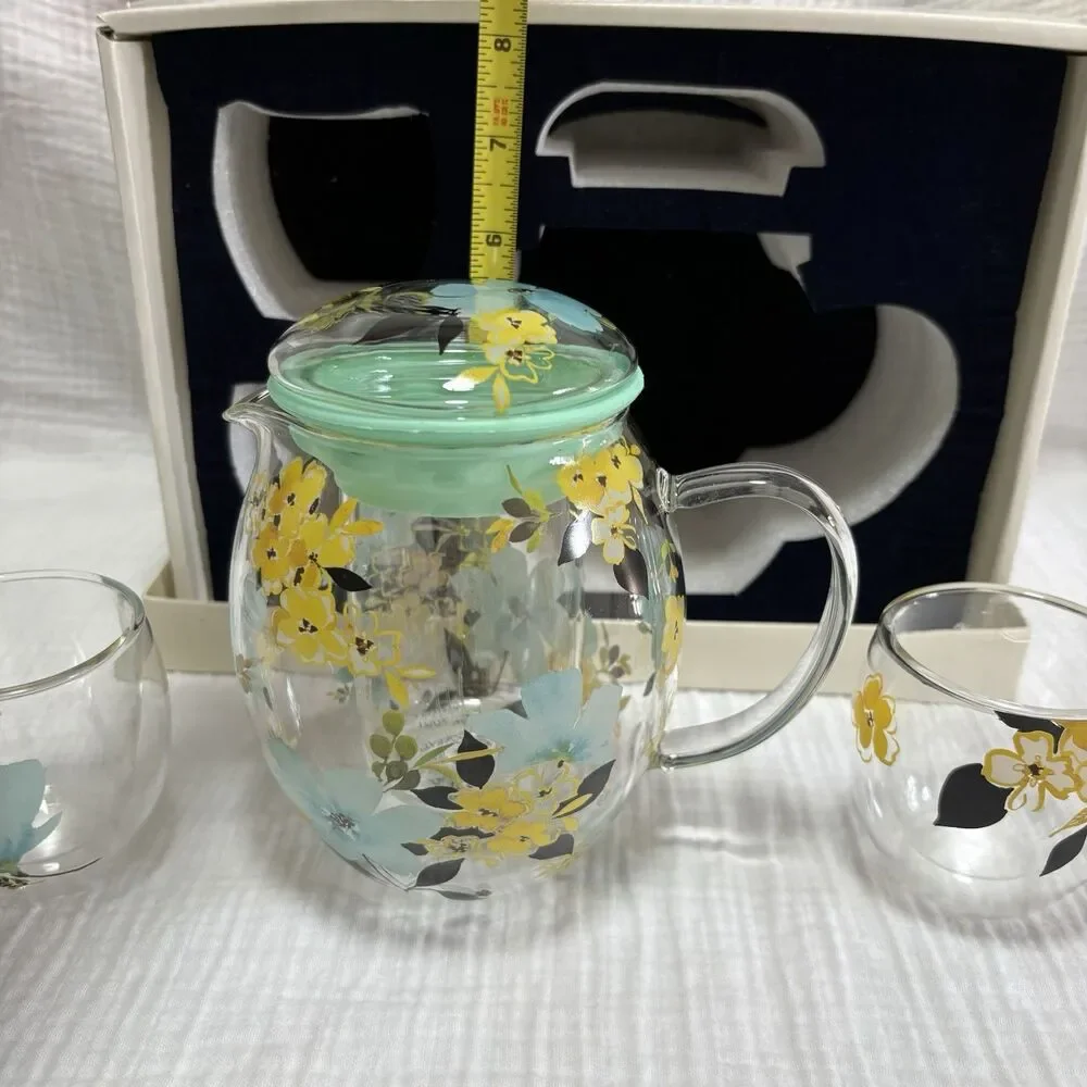 Vintage Cypress Refresh Glass Teapot Infuser 2 Double Wall Cups HandPainted NIOB